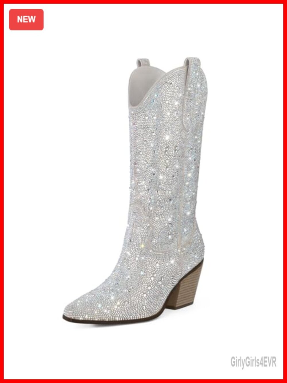 Rhinestone Mid Calf Boots Sparkly Block Heel Cowboy Boots Glitter Boots